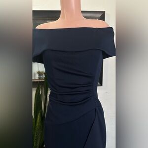 Xscape Blue Ruched Off-Shoulder Cocktail Dress